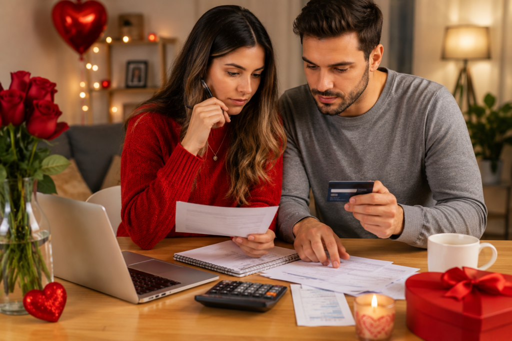 Couple reviewing a household budget and credit card expenses before Valentine's Day purchases.