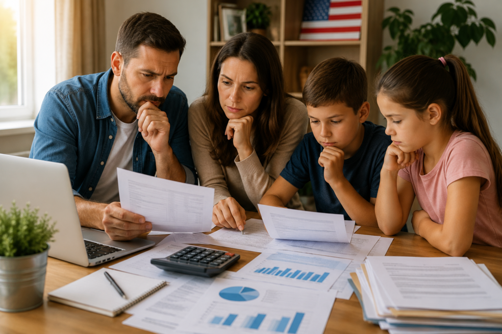 Family reviewing a monthly household budget alongside tax documents and a calculator after changes introduced by the One Big Beautiful Bill Act in the United States.