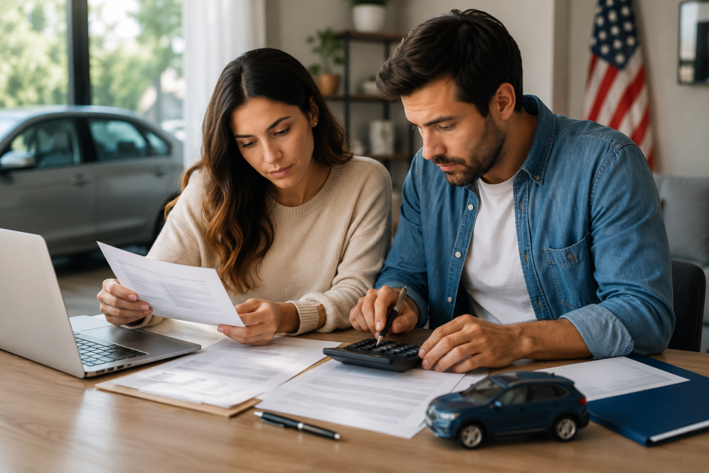 Couple reviewing auto loan documents and calculating the Vehicle Financing Interest Deduction while preparing their U.S. federal tax return.