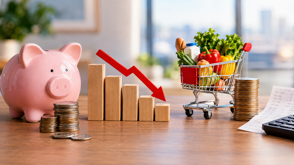 A piggy bank, coins, and a shopping cart next to a declining graph, representing the loss of purchasing power caused by inflation and low returns on savings.